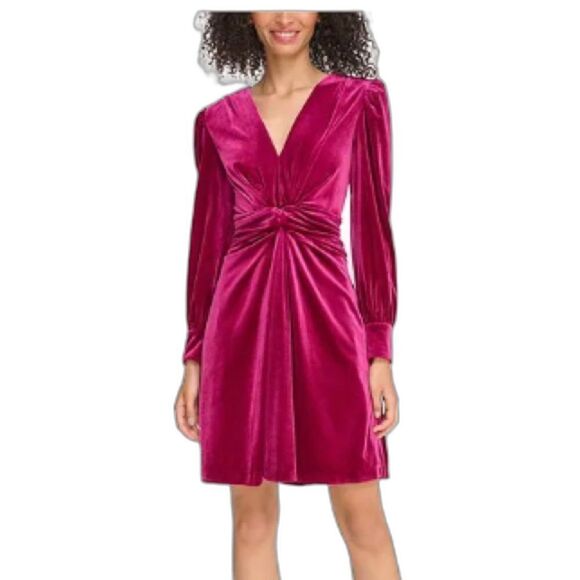 Vince Camuto Velvet Dress Women’s Size 8 Fuchsia Long Sleeve Twisted Waist NWT - Picture 1 of 12
